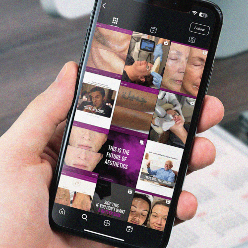 Hand holding smartphone showing a medical aesthetics practice Instagram feed managed by Social Med Consultants